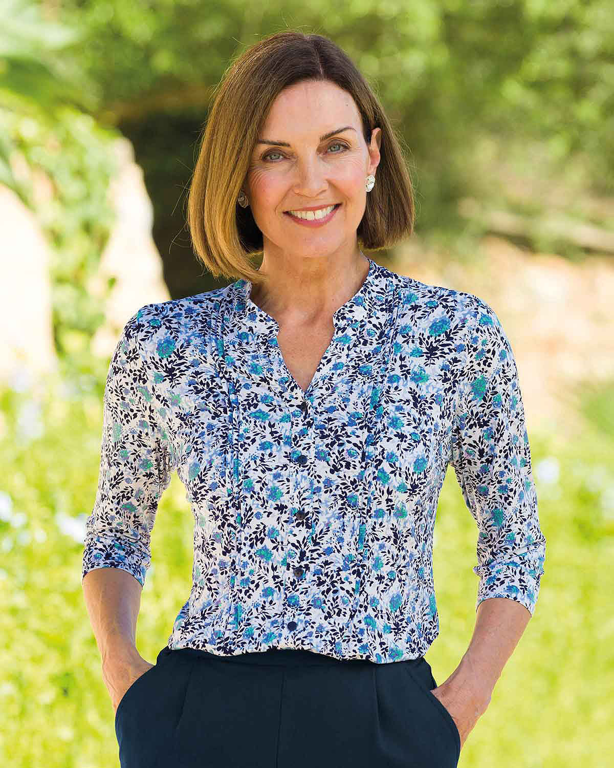 Julianna Floral Pintuck 3/4 Sleeved Blouse - Blue - Country Collection
