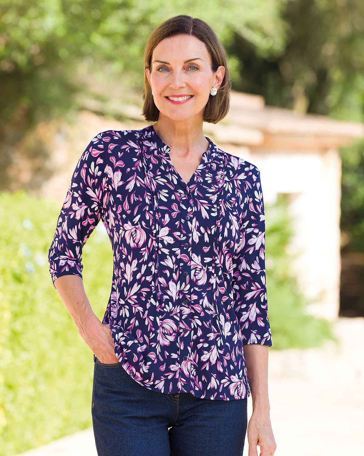 Julianna Floral Pintuck 3/4 Sleeved Blouse - Pink - Country Collection