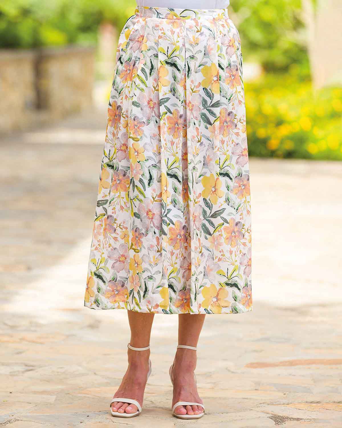 Nellie Floral Viscose Mix Soft Pleated Lined Skirt - Country Collection