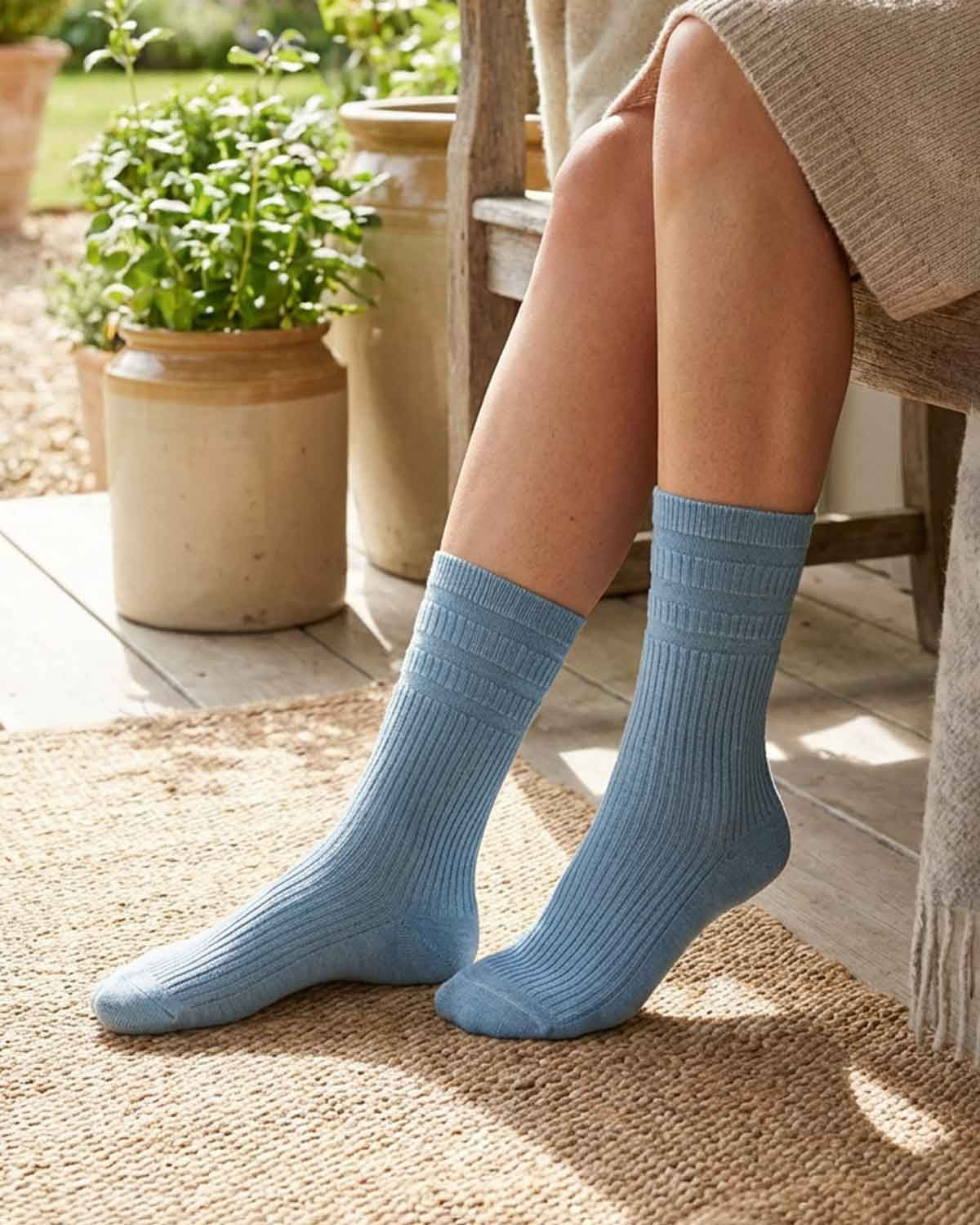 Ladies Wool-Rich Soft Top Socks - Sky Blue - Country Collection