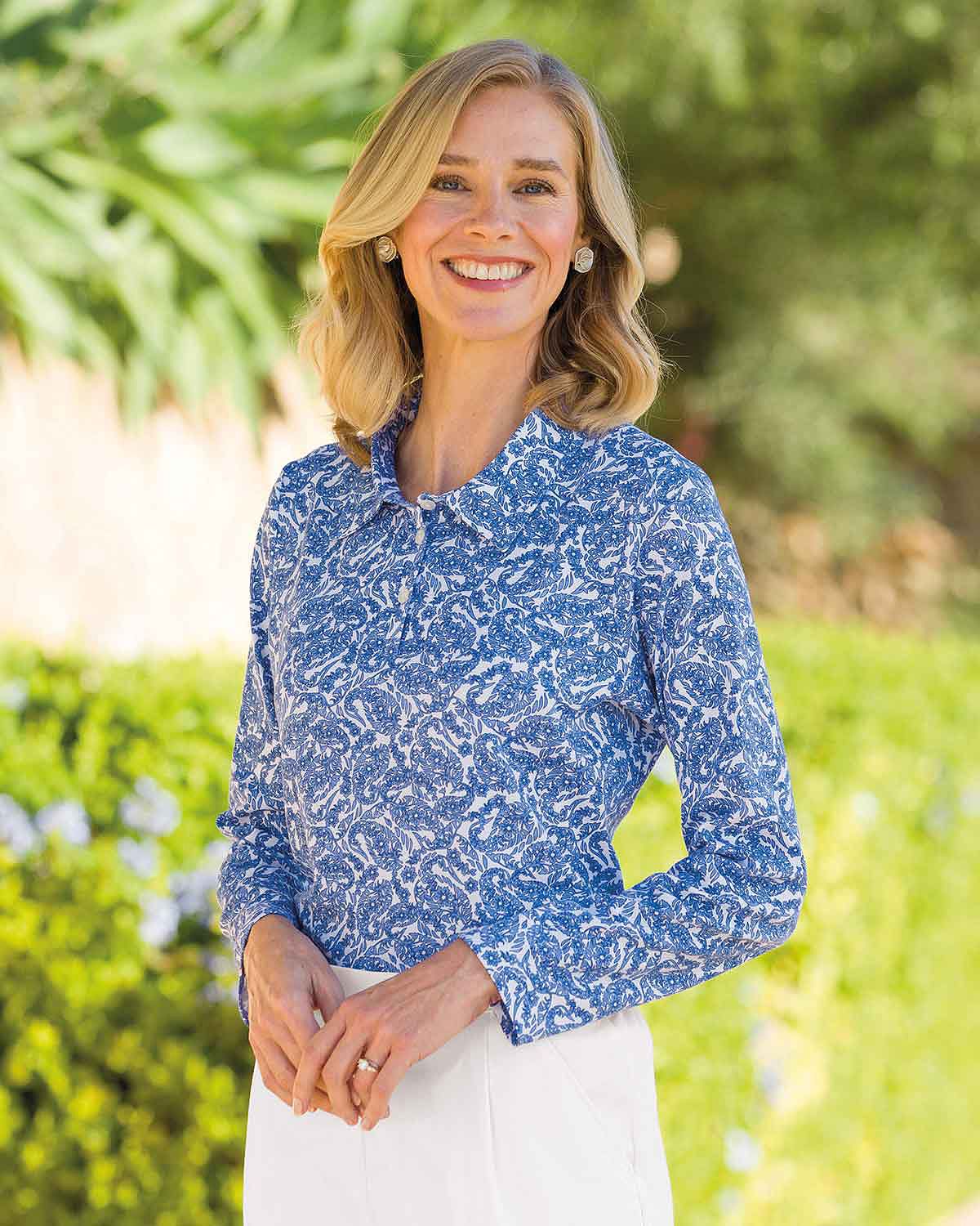 Alina Patterned Long Sleeved Cotton Polo Top - Country Collection
