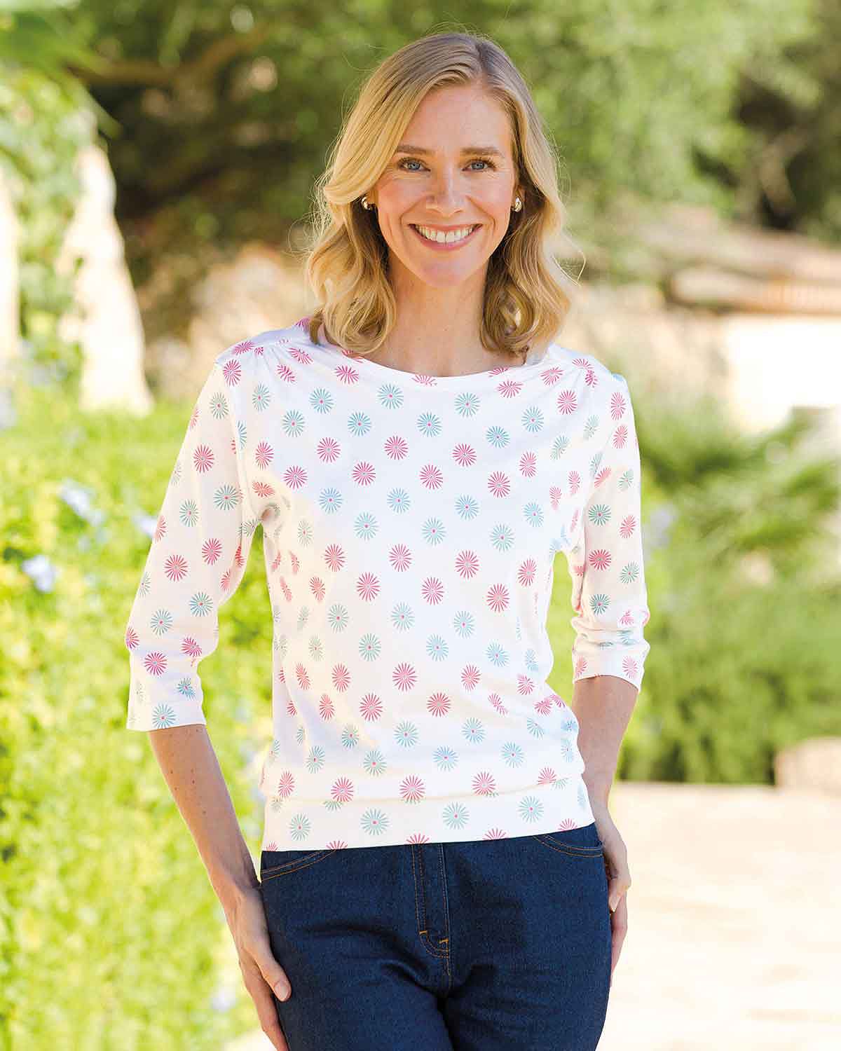 Elise Floral 3/4 Sleeved Cotton Blouson Top - Country Collection