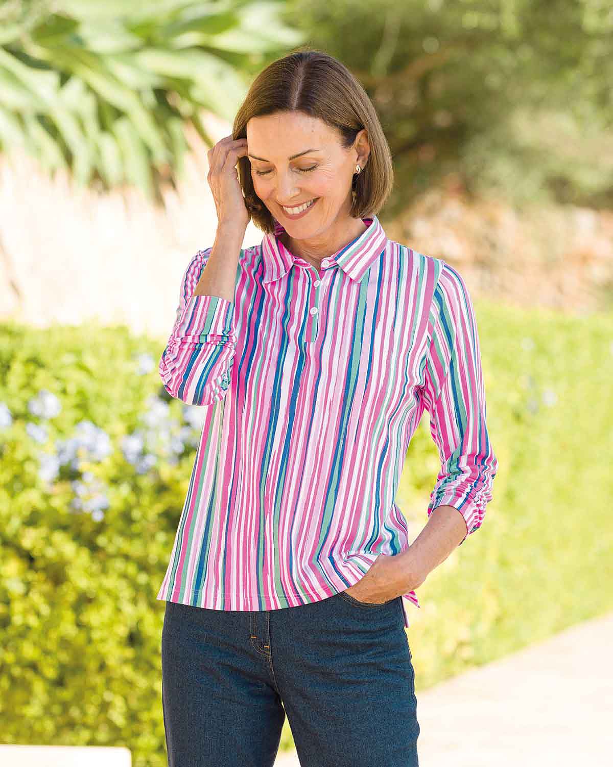 Esme Striped Long Sleeved Cotton Polo Top - Country Collection