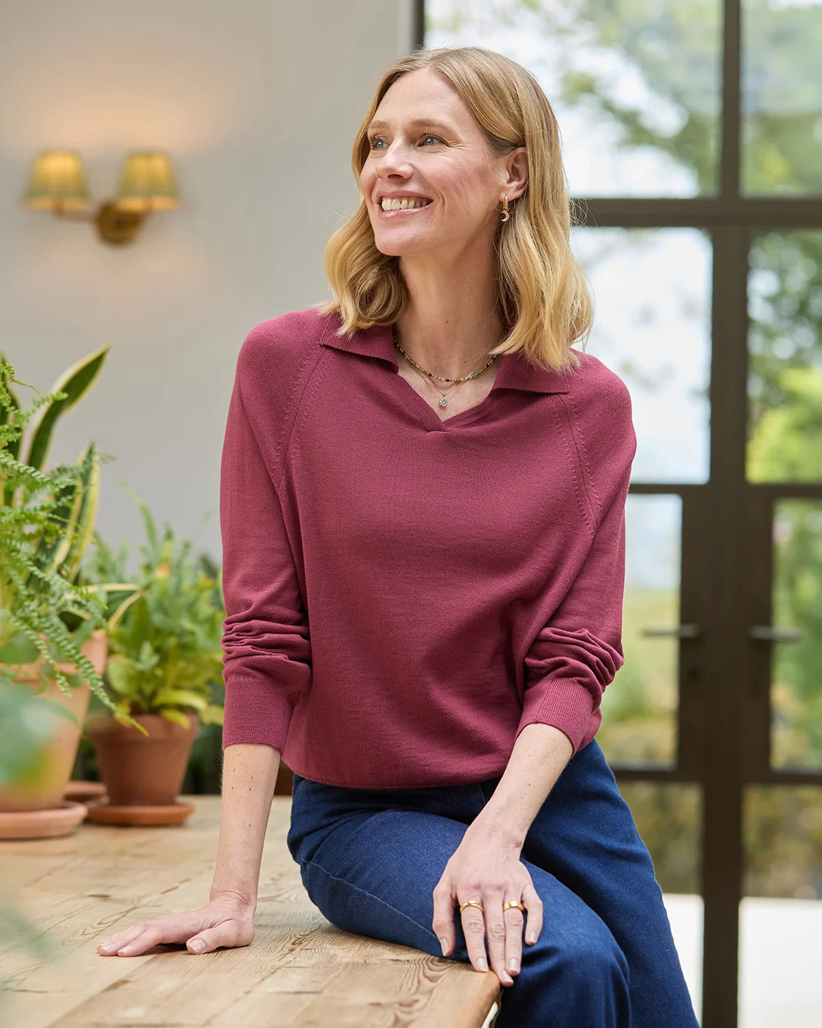 Merino Collared V Neck Jumper - Rosewood