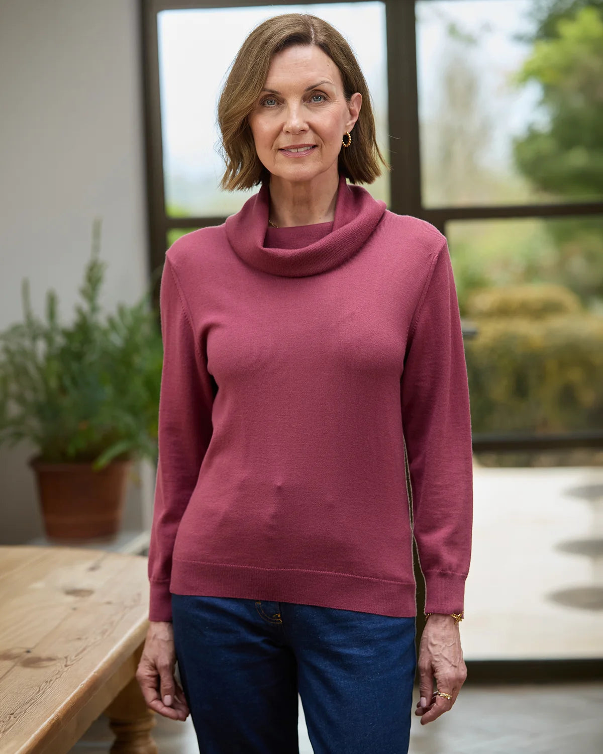 Merino Wool Cowl Neck Jumper - Rosewood