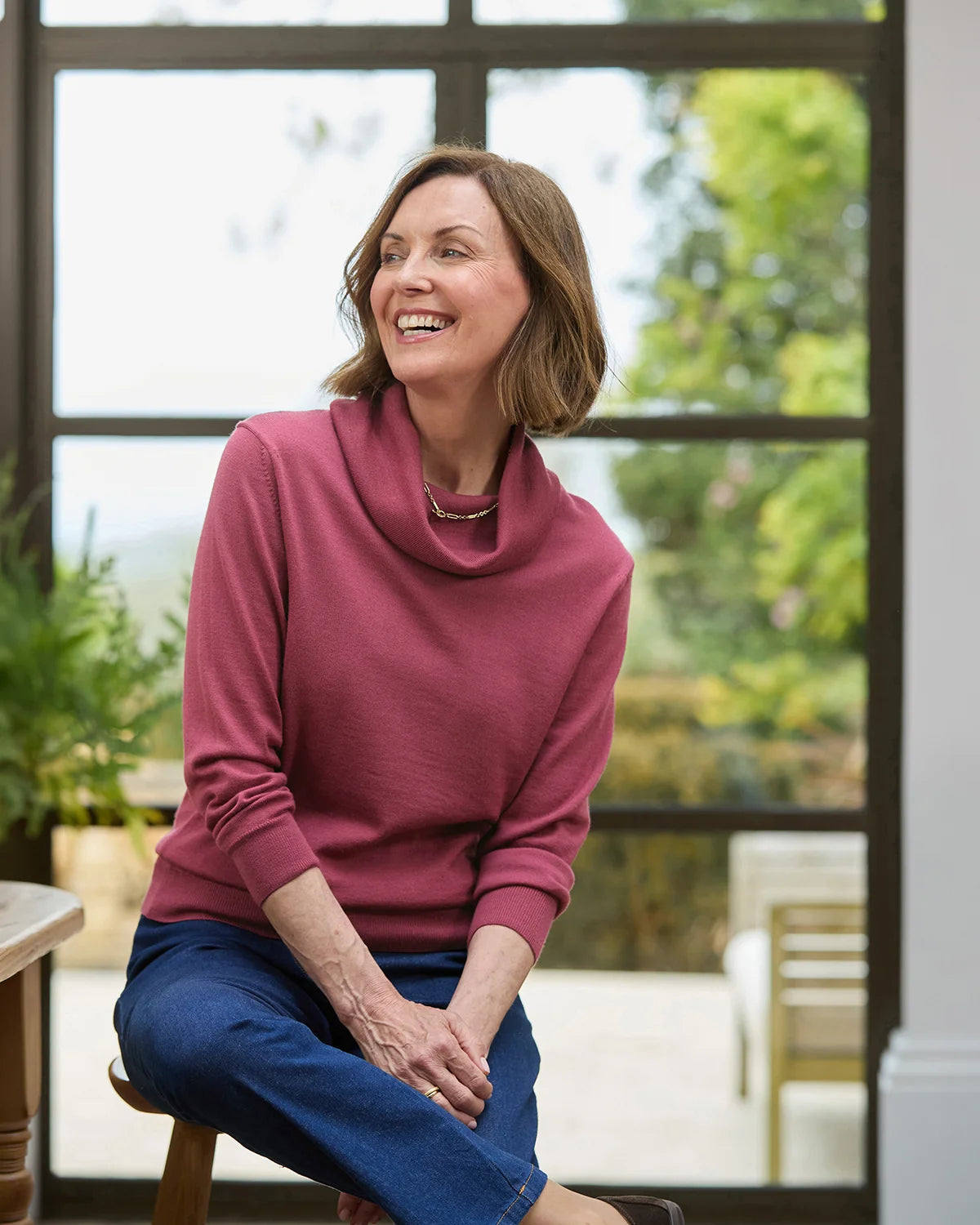 Merino Wool Cowl Neck Jumper - Rosewood
