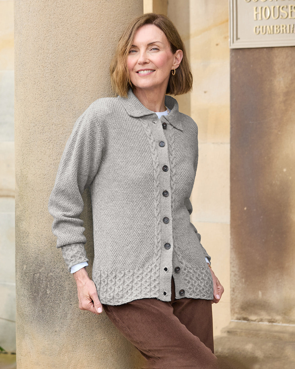 Ladies’ Pure Shetland Wool Cable Cardigan – Silver