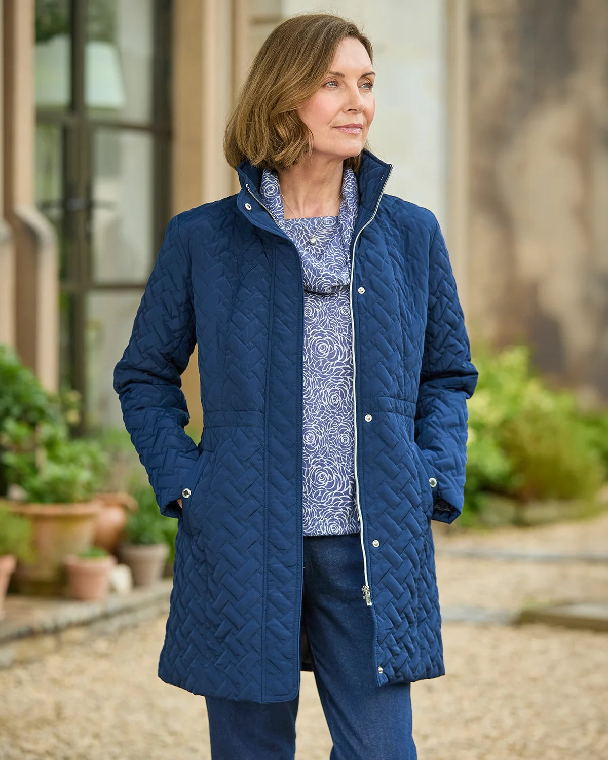 Ursula Quilted Showerproof 3/4 Length Coat - Navy