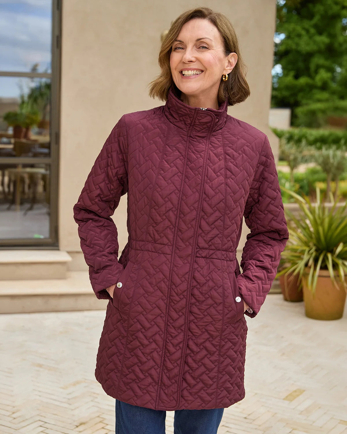 Ursula Quilted Showerproof 3/4 Length Coat - Claret