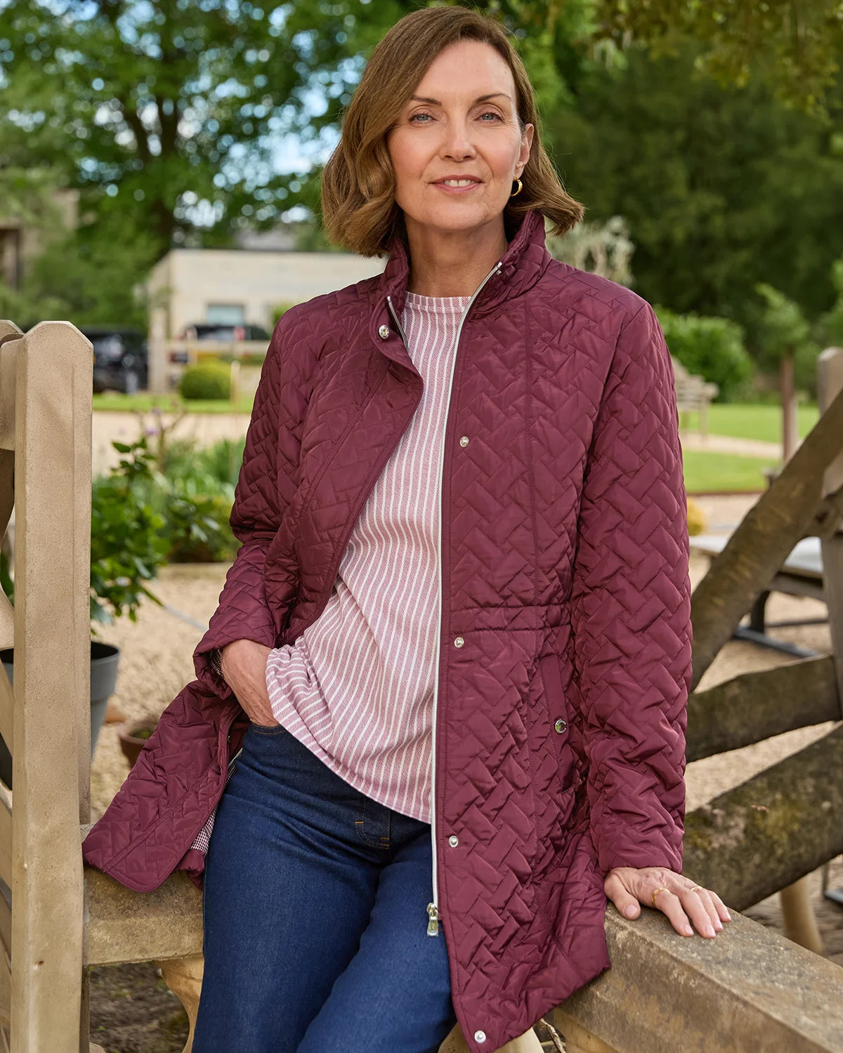 Ursula Quilted Showerproof 3/4 Length Coat - Claret
