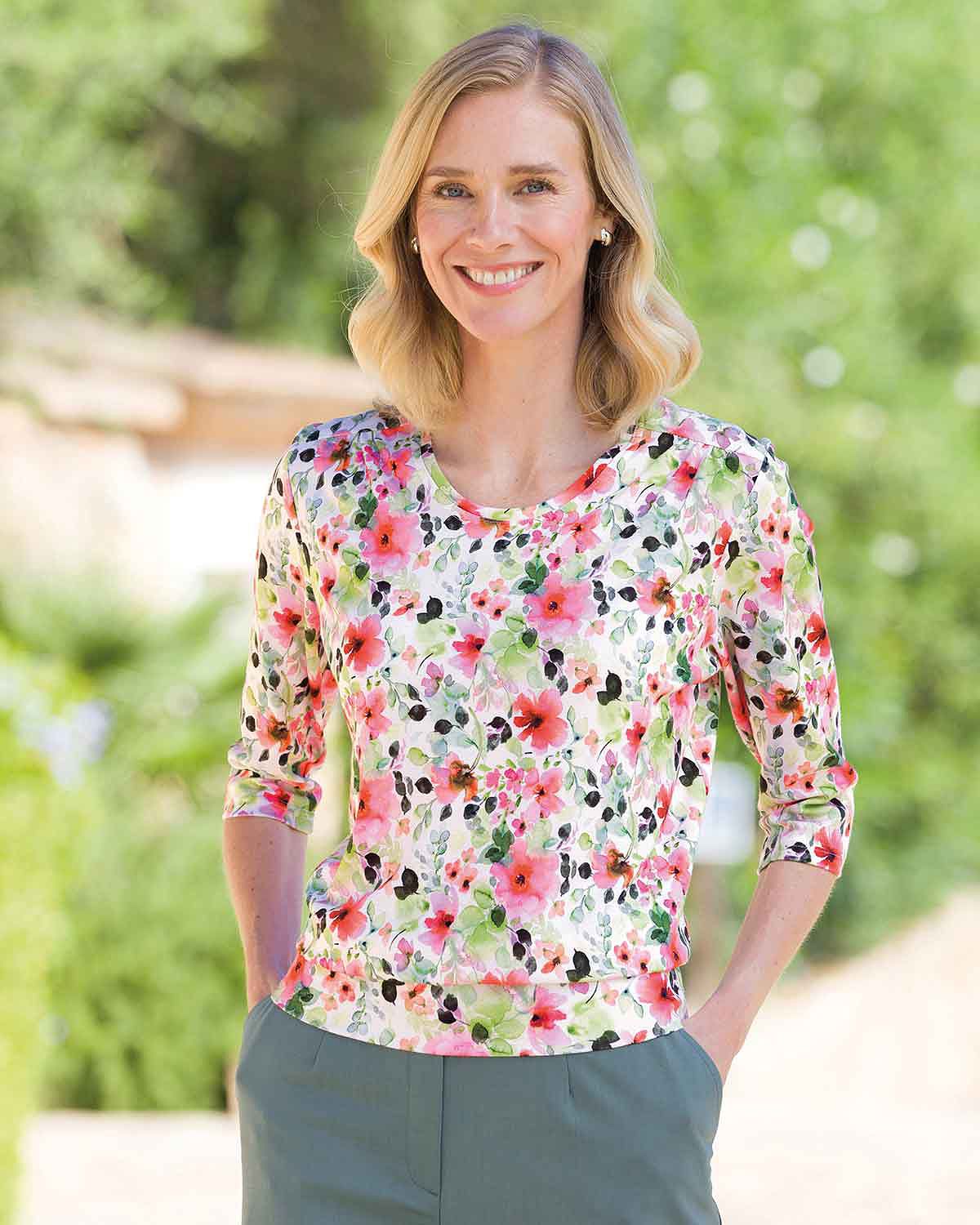 Rosella Floral Pure Cotton 3/4 Sleeved Blouson Top - Country Collection
