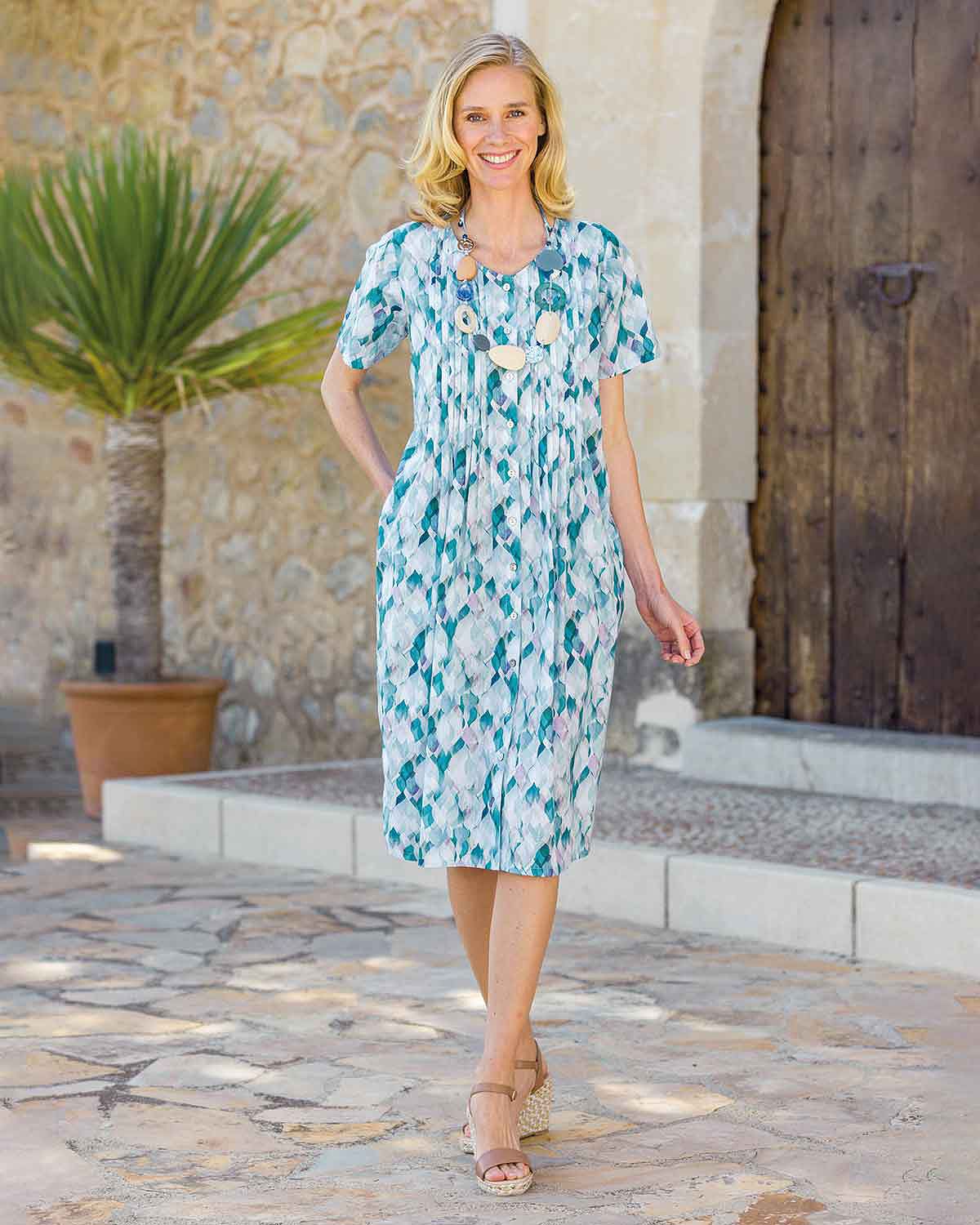 Martha Patterned Cotton Short Sleeve Pintuck Dress - Country Collection