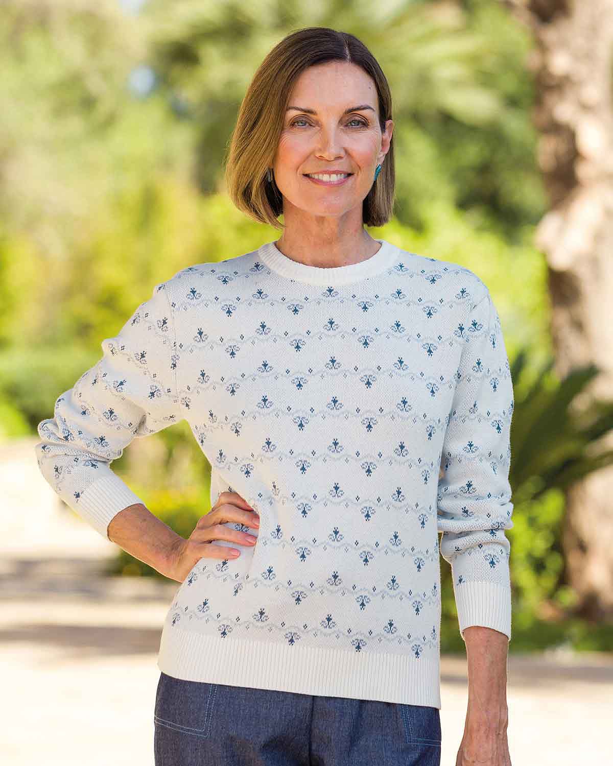 Wanda White Floral Patterened Pure Cotton Jumper - Country Collection