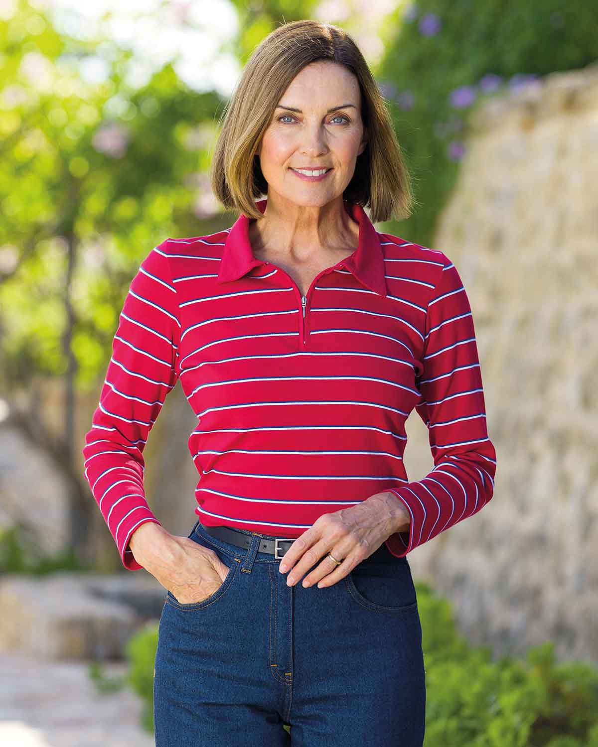 Kendall Striped Long Sleeved Cotton Zip Neck Polo Top - Red - Country Collection