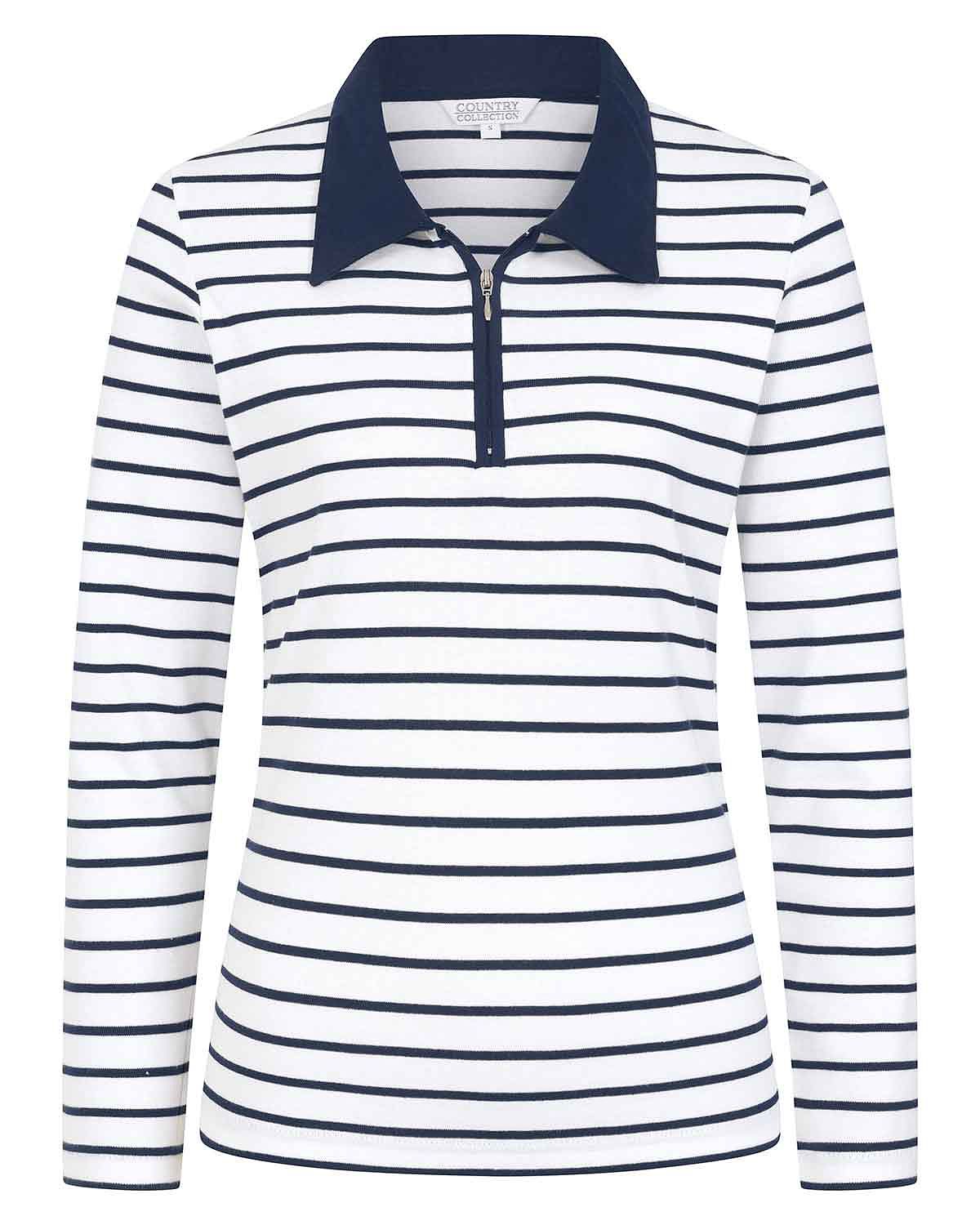 Kendall Striped Long Sleeved Cotton Zip Neck Polo Top - Image 4 - Country Collection