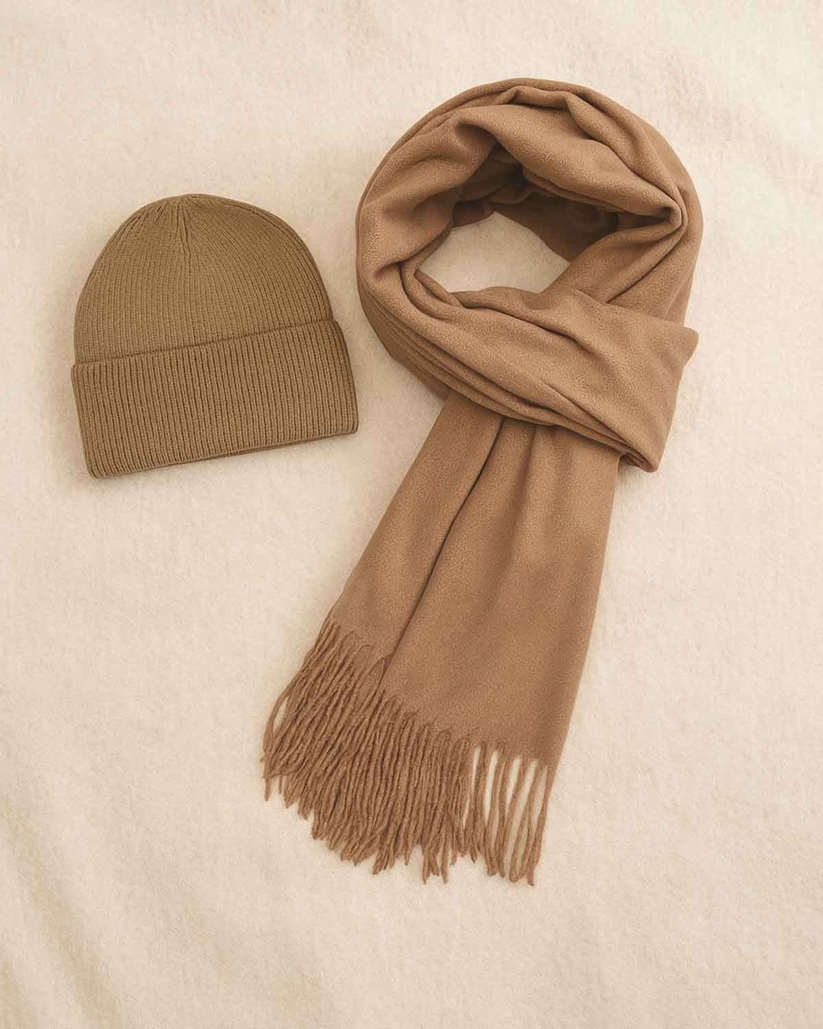Hat & Oversized Scarf Set - Beige - Country Collection