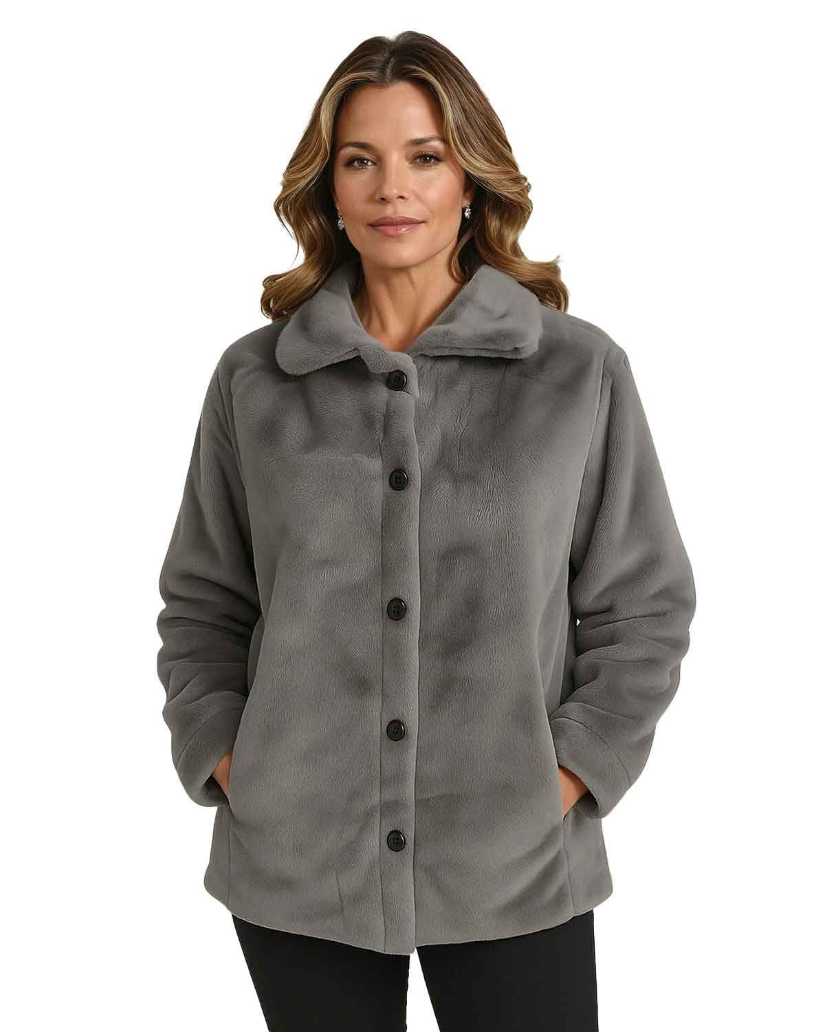 Ladies Fully Lined Faux Fur Jacket - Grey - Country Collection