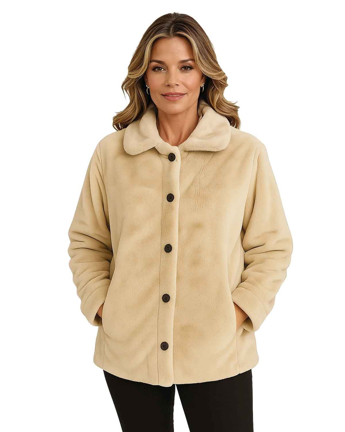 Ladies Fully Lined Faux Fur Jacket - Stone - Country Collection
