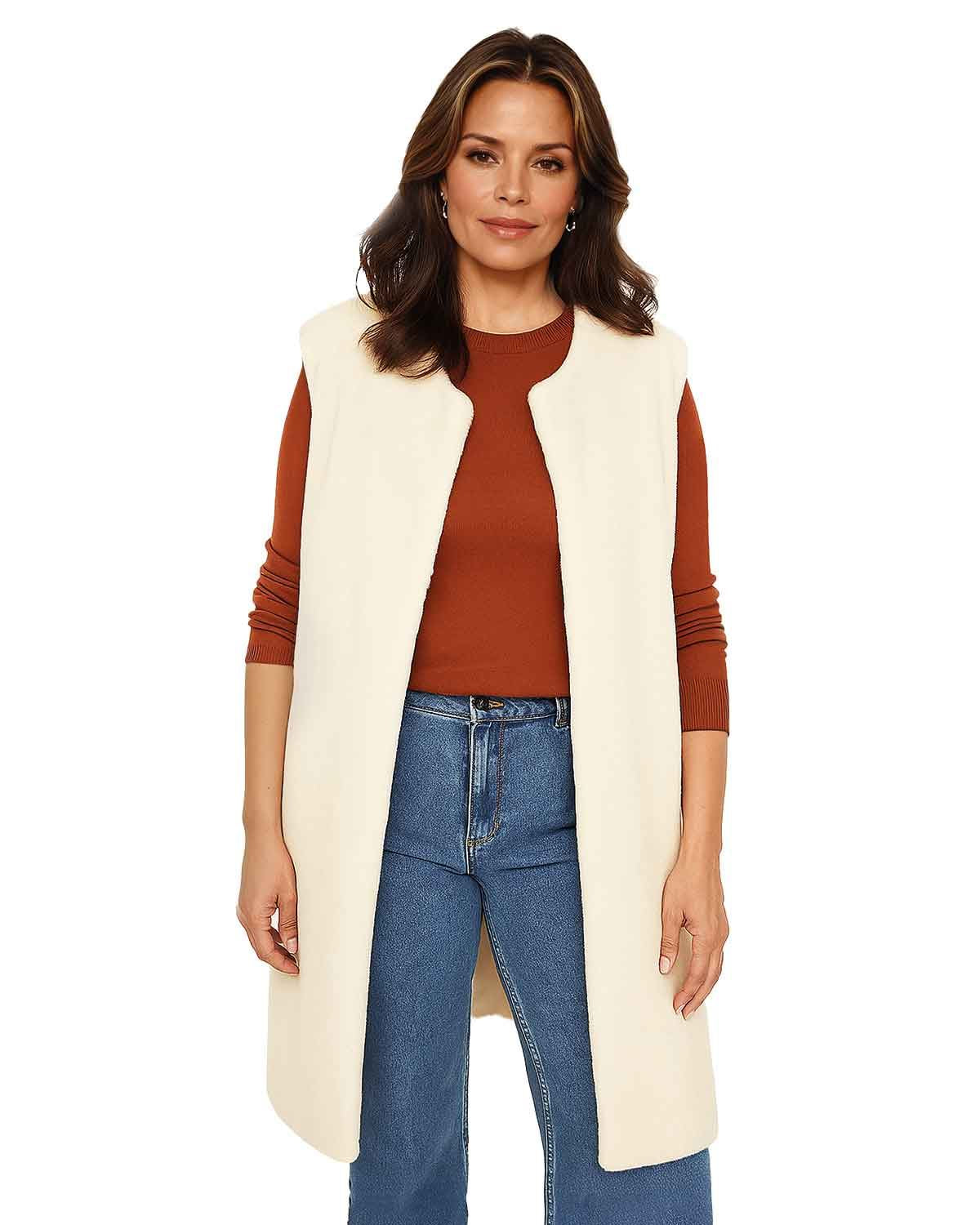Ladies Fully Lined Faux Fur Gilet - Cream - Country Collection