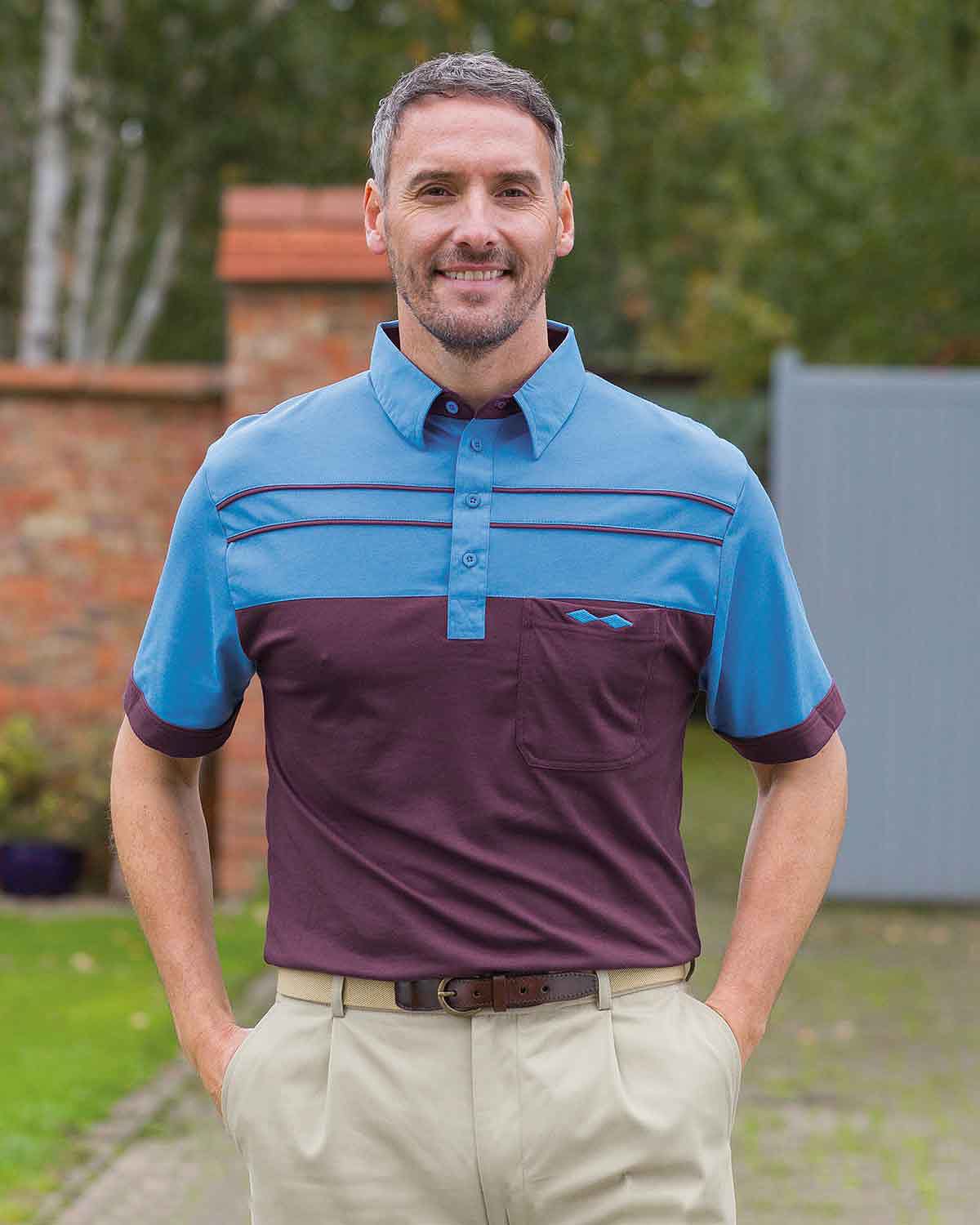 Dunley Claret And Blue Striped Short Sleeve Polo Top - Country Collection