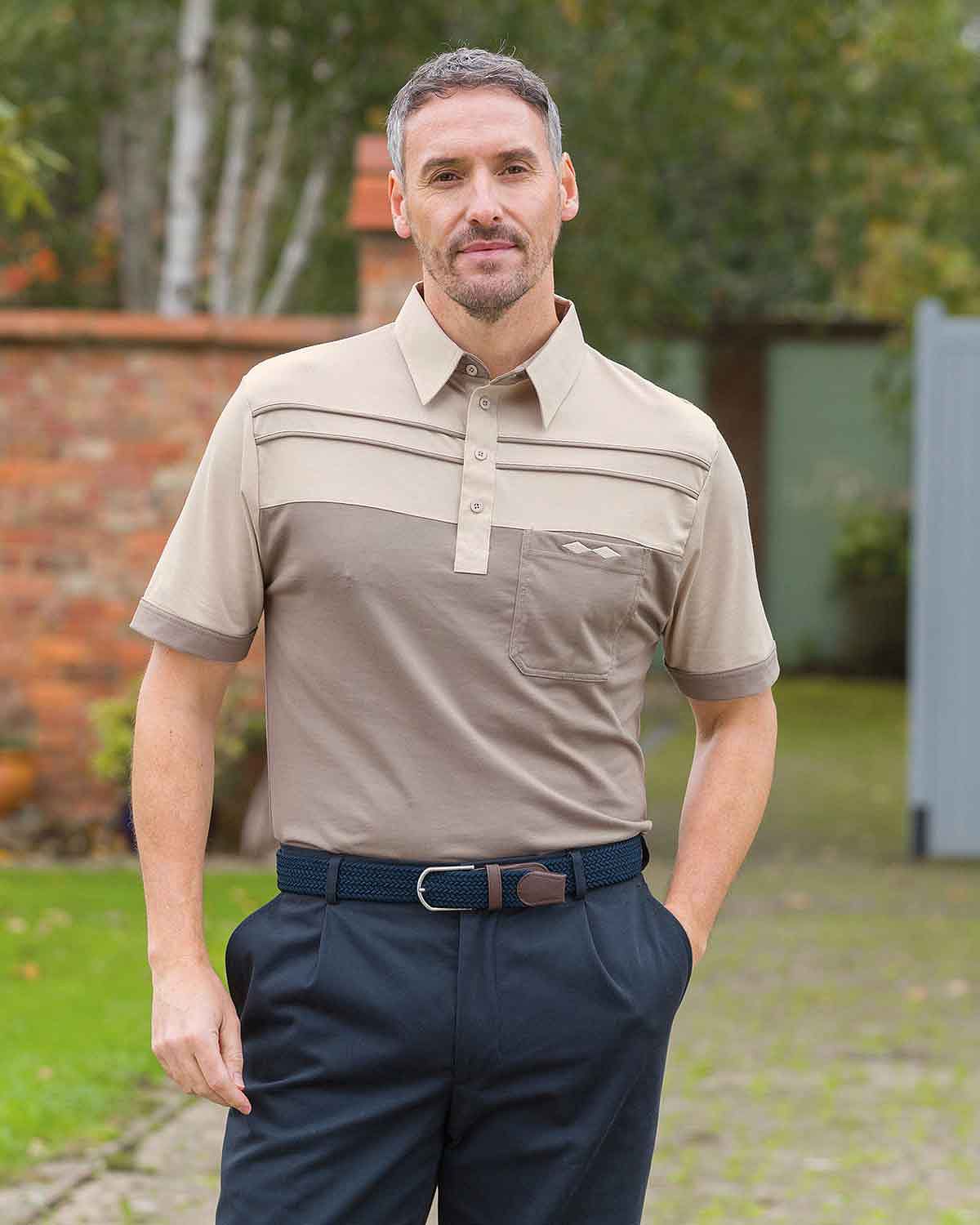 Dunley Stone And Cream Striped Short Sleeve Polo Top - Country Collection