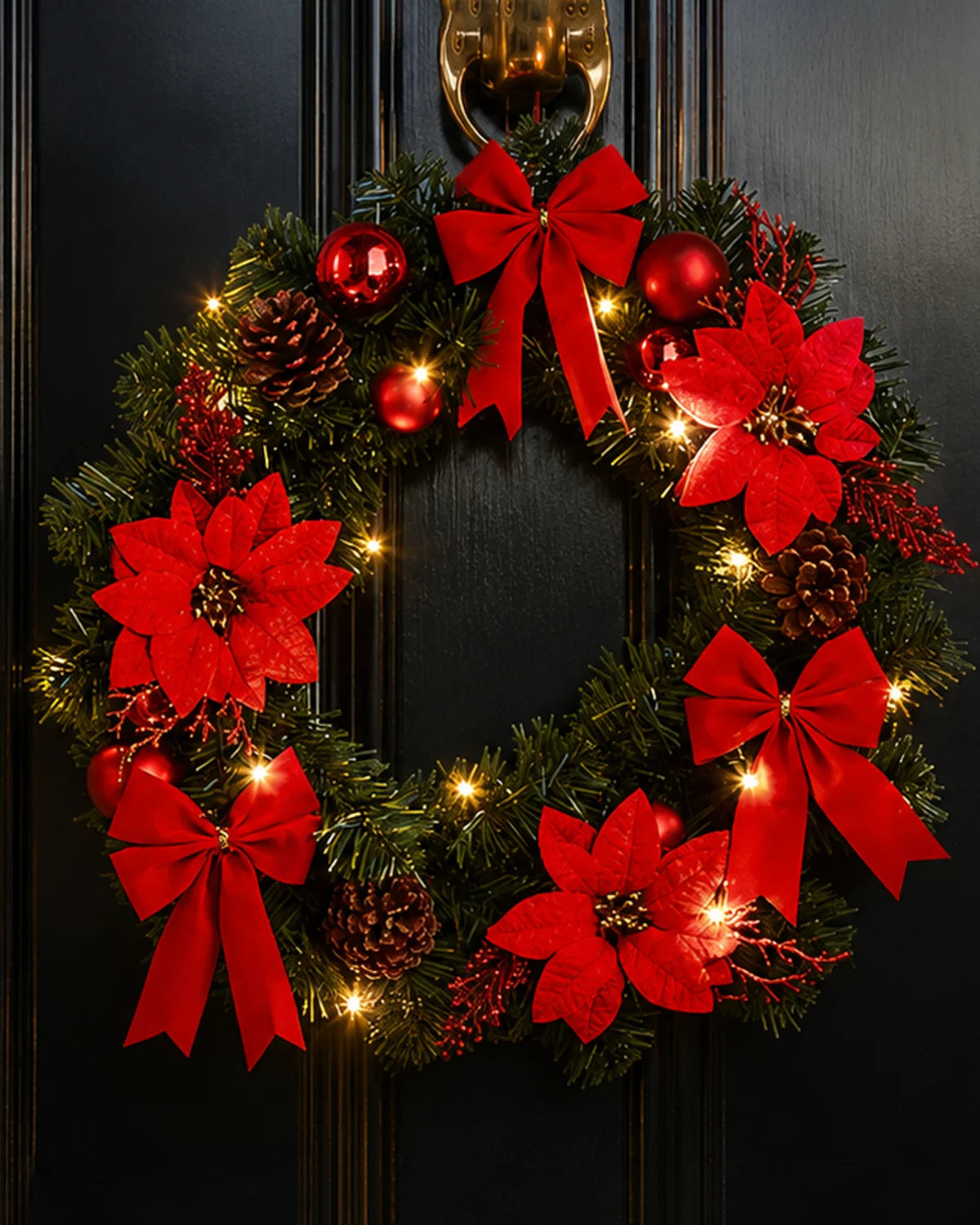 LED Christmas Hanging Wreath with Flowers, Baubles & Ribbons