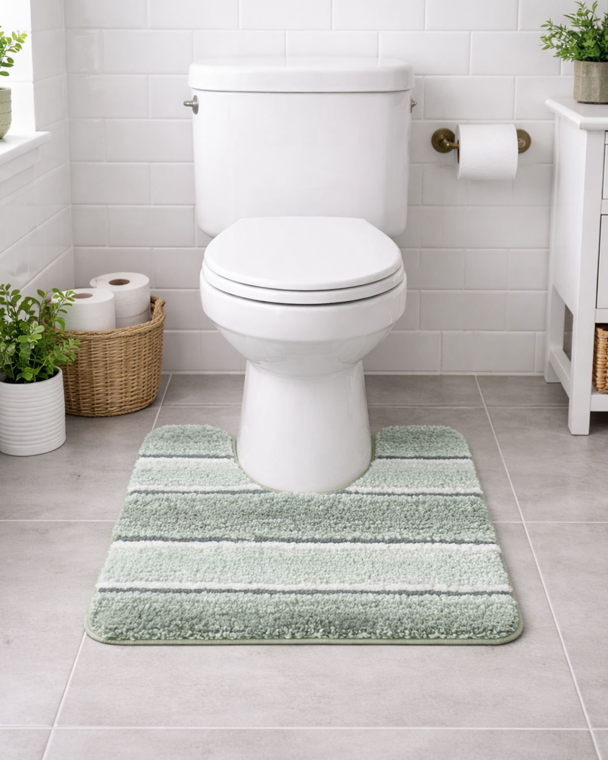 Deep Pile Striped Bathroom Mats - Green - Country Collection