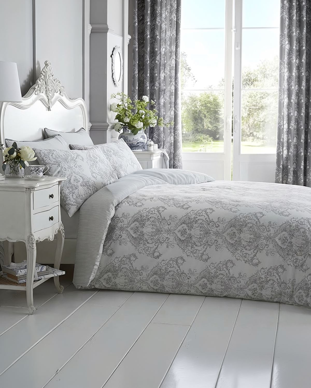 Toile Design Cotton Rich Bedding Set - Grey - Country Collection