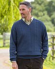 Haydock Cable Knit V Neck Blue Jumper