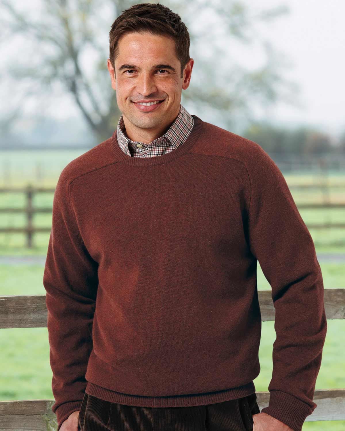 Mens Lambswool Cinnamon Crew Neck Sweater. Back Length, 28”.