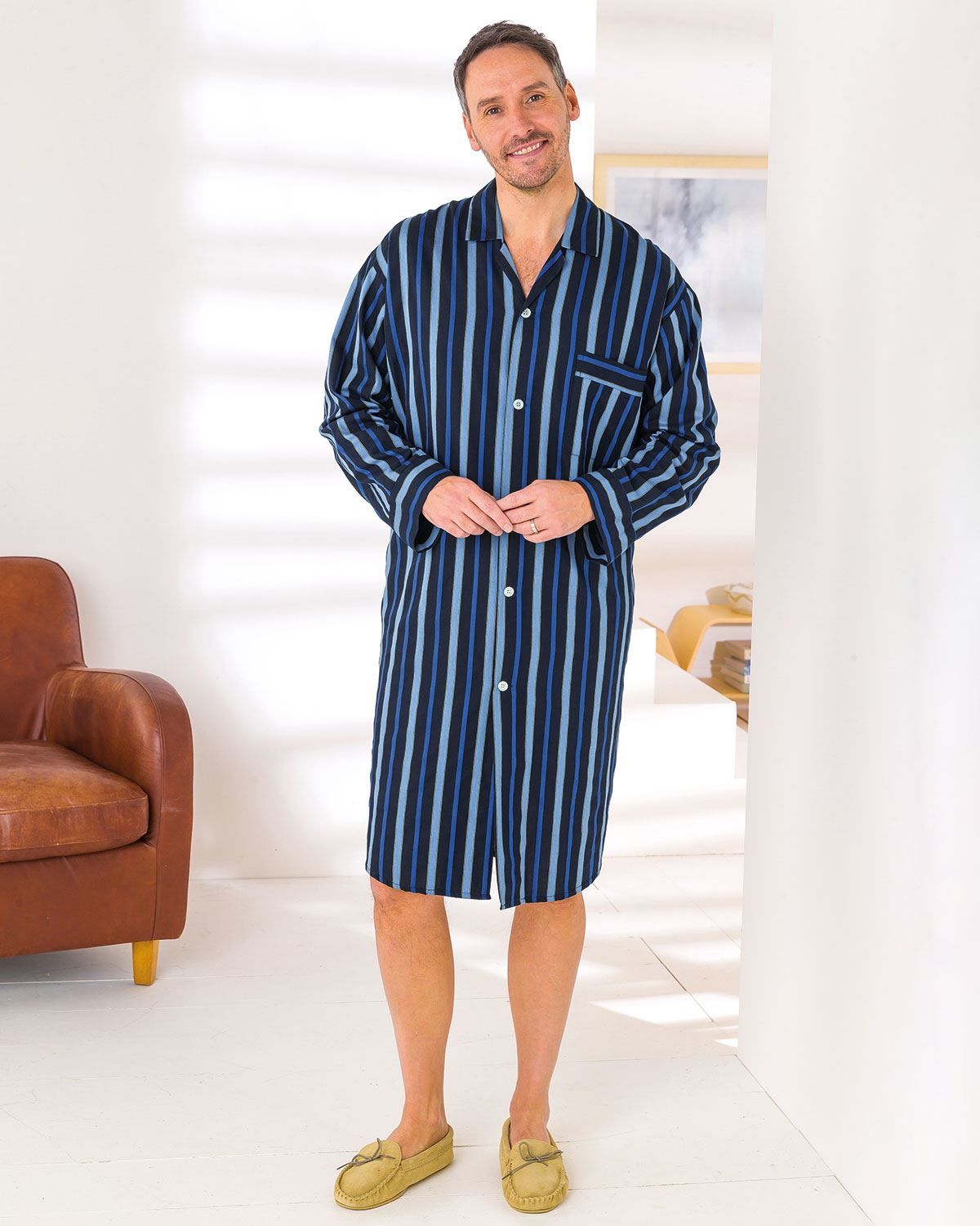 Mens stripe cotton nightshirt. Machine washable. Sizes M-XXL
