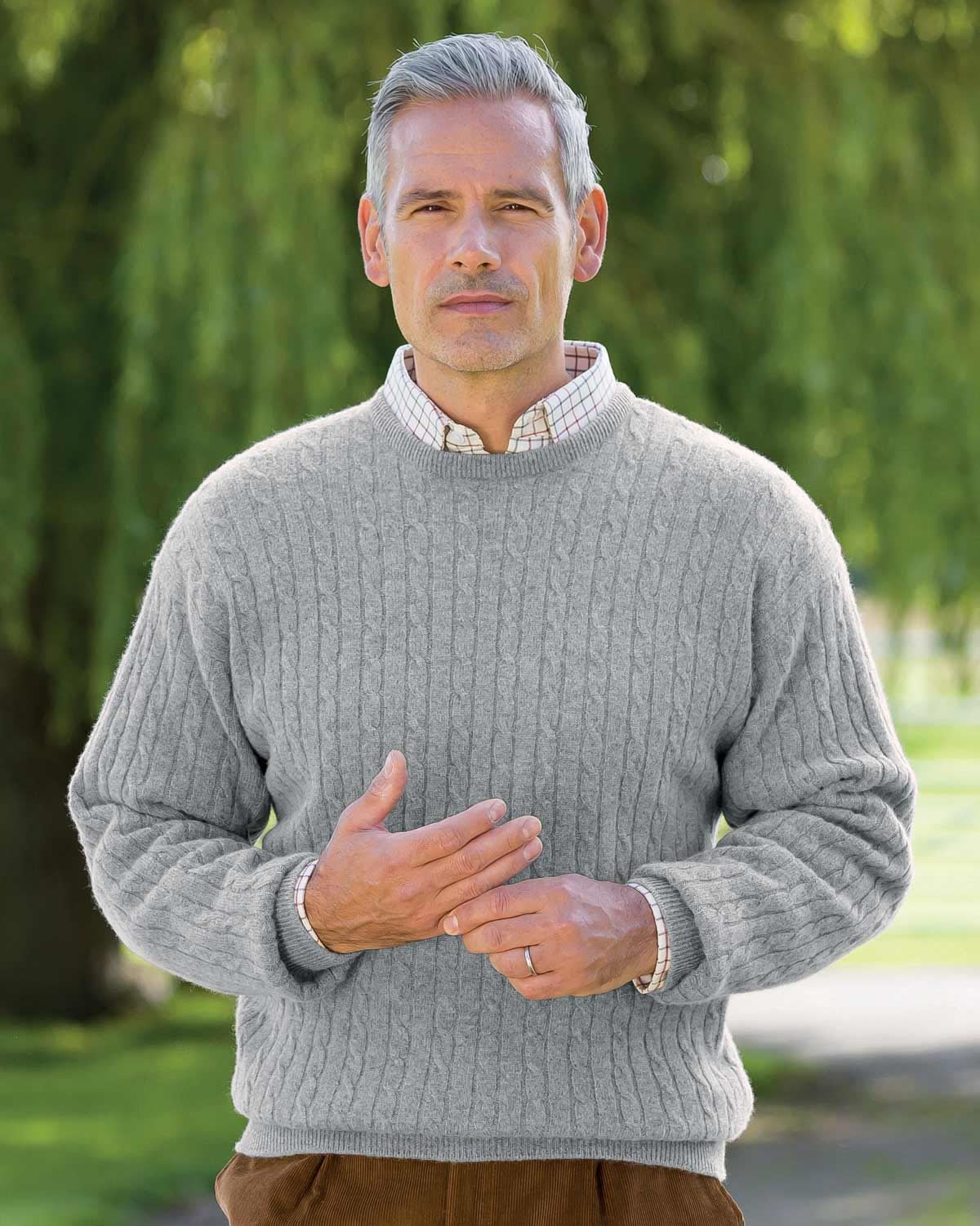 Cable Crew Neck Sweater Mens Light Grey