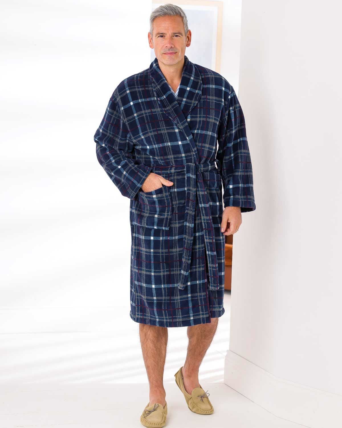 Men’s Navy Check Fleece Dressing Gown from Country Collection.