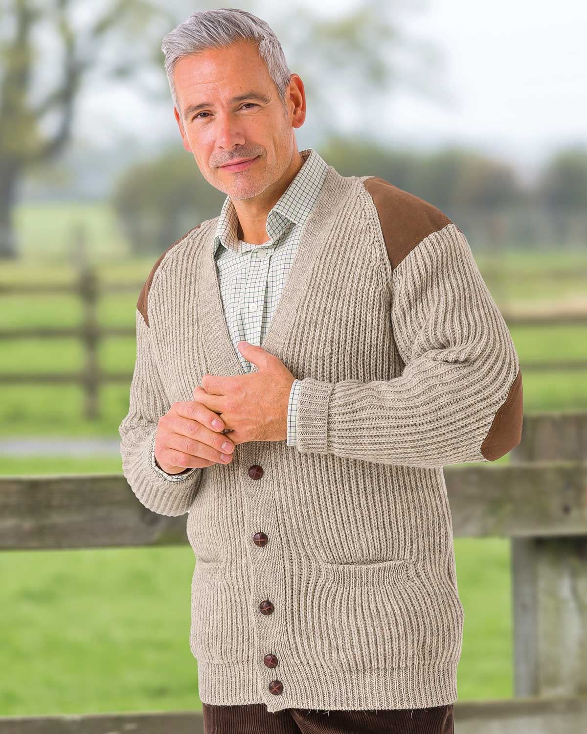 mens cardigan with leather elbow patches