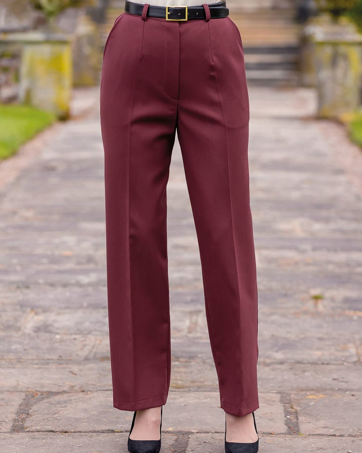 Ladies Claret Double Layer Trousers with zip and button fastening
