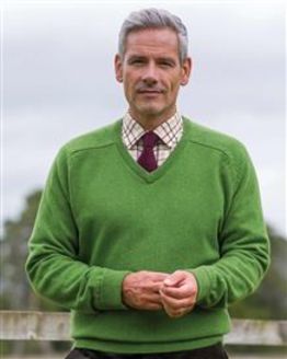 Lambswool Pea Green V Neck Sweater  Mens