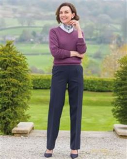 Merino Plum V Neck Jumper and Sandown Trousers Outfit