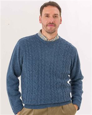 Mens Denim Blue Shetland Cable Crew Neck Jumper