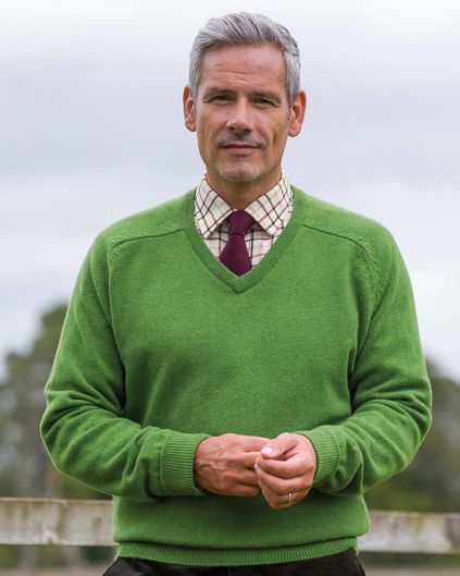 Lambswool Pea Green V Neck Sweater  Mens