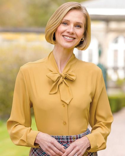Yellow tie neck sales blouse