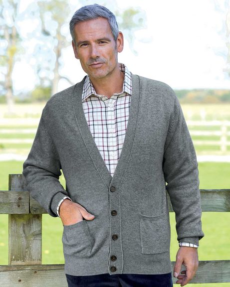 Lambswool Cardigan  Mens - Grey Mix