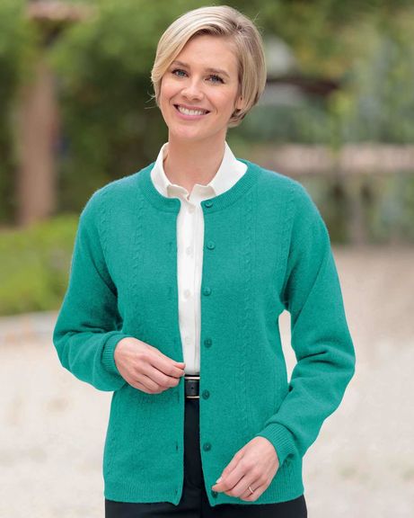 Ladies Soft Green Lambswool Cable Cardigan