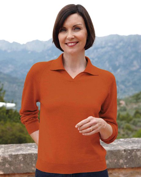 Ladies Merino Wool Collared V Neck Jumper Cinnamon