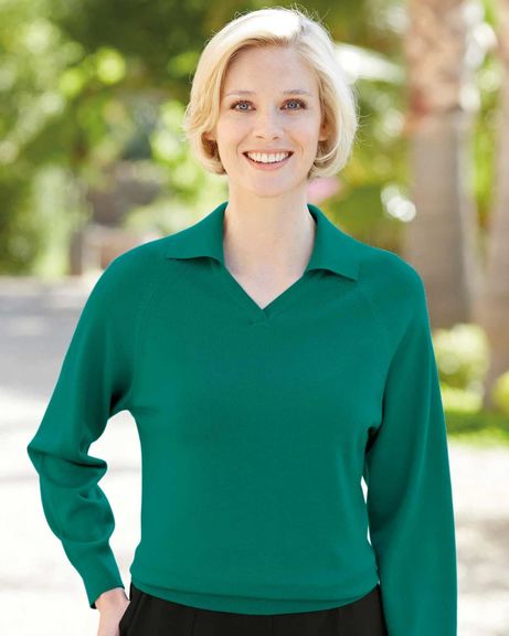 Ladies Merino Wool Collared V Neck Jumper Jade