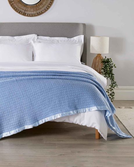 Pure Wool Satin Bound Cellular Blankets - Blue
