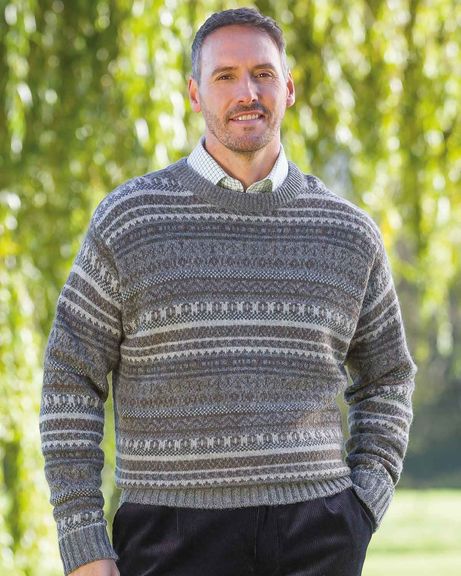 Grey Shetland Fairisle Crew Neck Sweater Mens