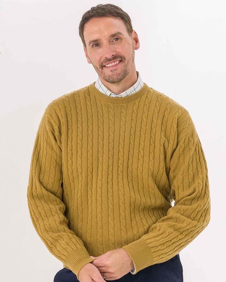 Mens Mustard Cable Crew Neck Sweater