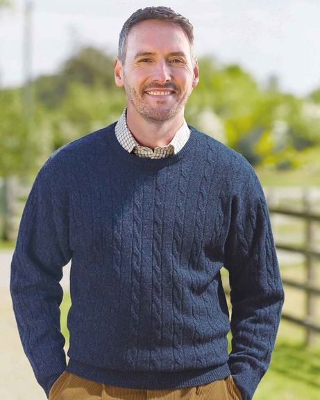 Lambswool Cable Crew Neck Jumper - Blue