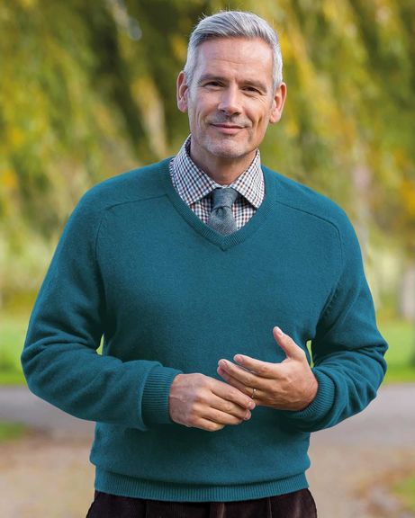 Mens Lambswool V Neck Dark Teal Sweater