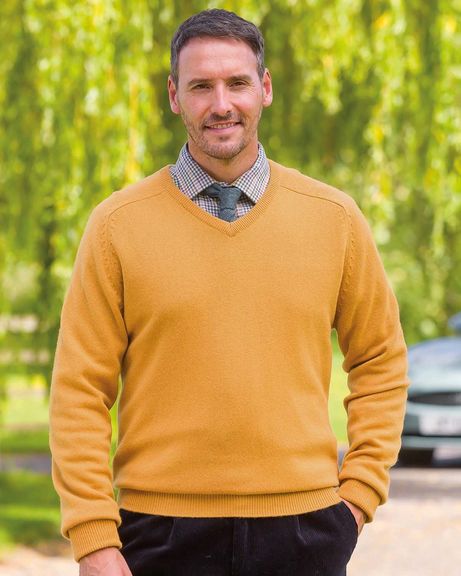 Mens Lambswool V Neck Mustard Sweater